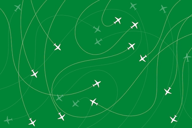 White plane dotted curves overlap Travel and holiday travel patterns Green background