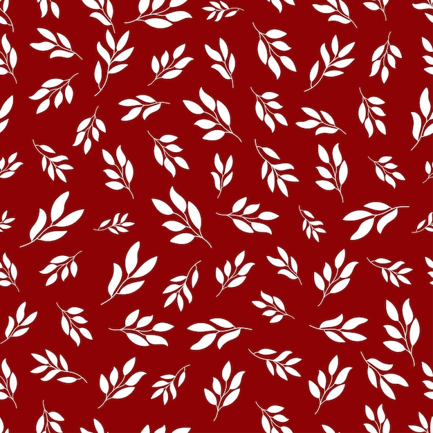 白い植物の葉は赤い背景で無縫のパターンをしています