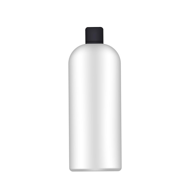 Vector white plastic bottle with a black cap. realistic bottle. good for shampoo or shower gel. isolated. vector.