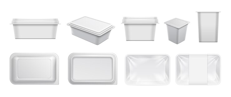 Vector white plastic containers food container packaging for take away and yogurts realistic boxes for cafe bar restaurant top view reusable dishes vector mockup