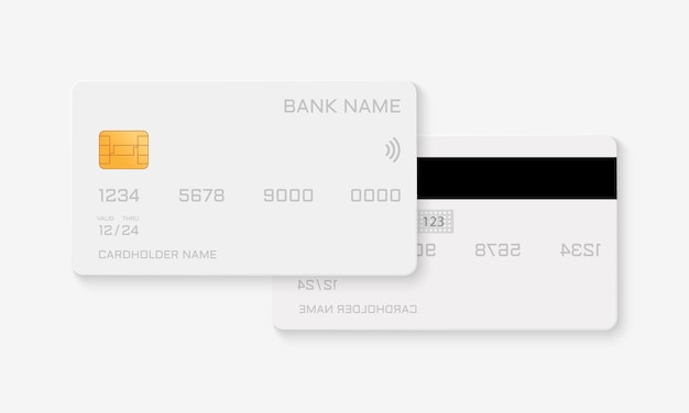 Vector white plastic credit card mockup design template of front and back plastic bank card mock up