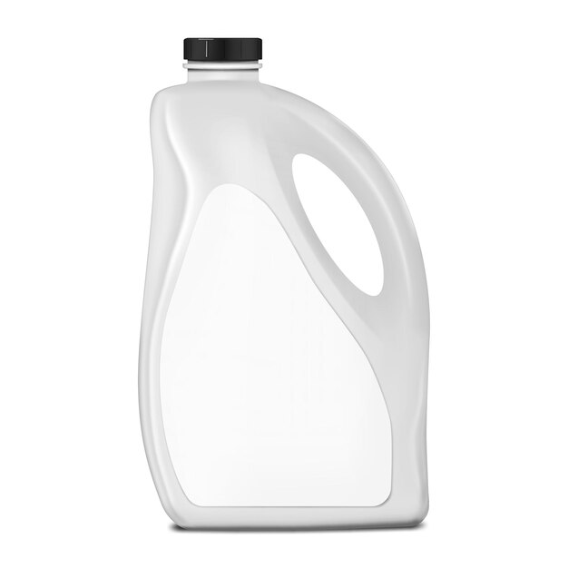 Vector white plastic jerry can with blank label mockup large bottle with handle black screw cap mockup