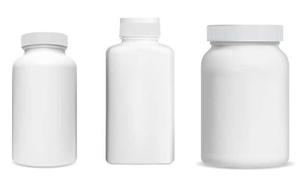 Вектор Дизайн белой пластиковой бутылки с таблетками, векторный макет упаковки добавок для этикетки. аптечный продукт