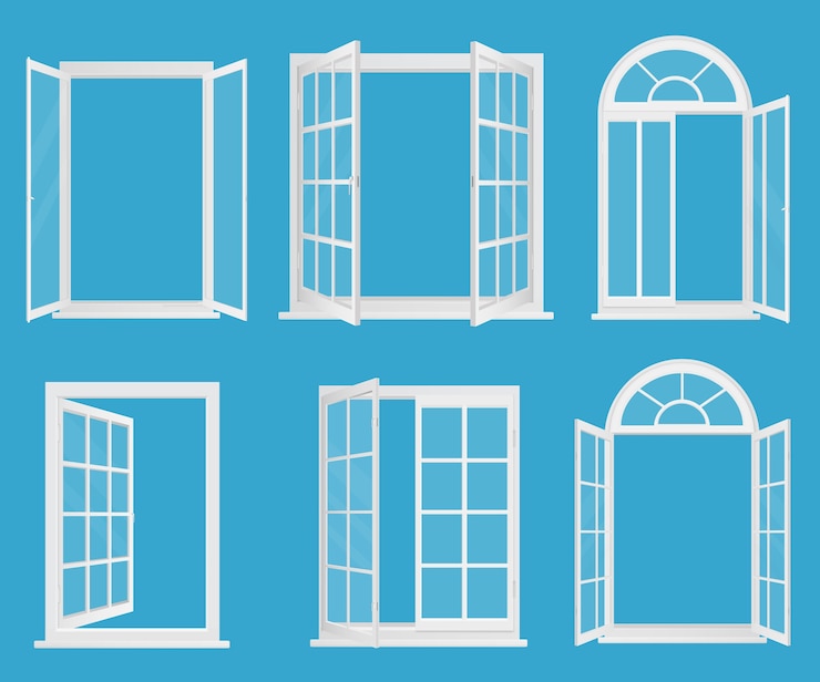 Vector white plastic realistic windows set with transperant glass