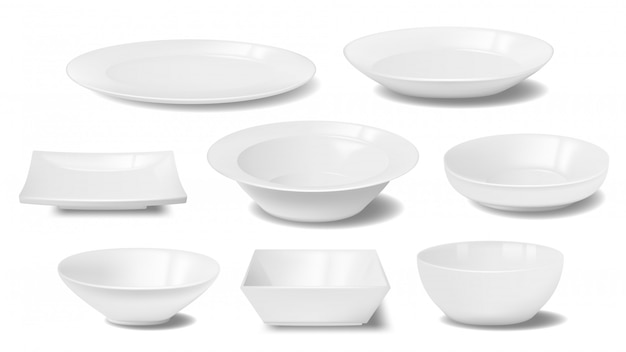 Mockup realistici di ciotola bianca, piatto e cibo ciotola