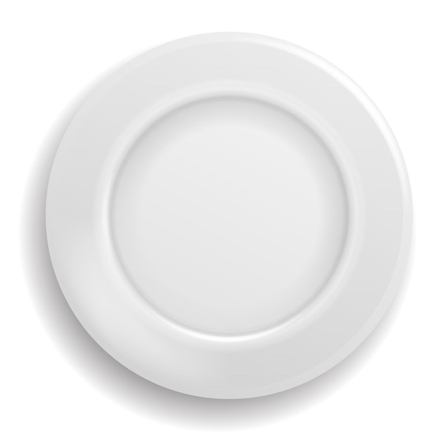 White plate empty Clean realistic ceramic porcelain plate top view round shiny dish bowl from above serving meal close up element for home restaurant or cafe vector 3d isolated single illustration