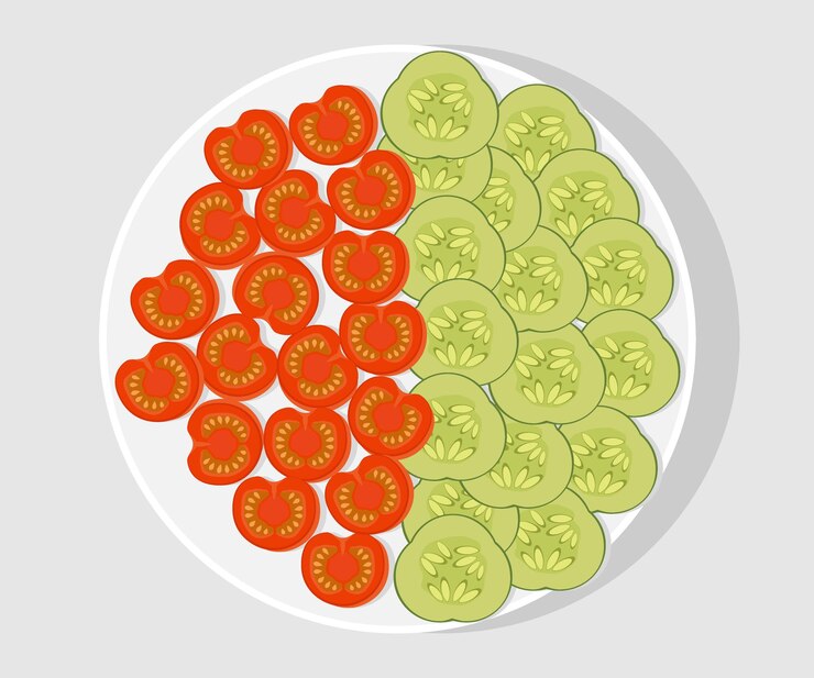 Vector white plate with sliced vegetables tomatoes cucumbers health food vegetarian products