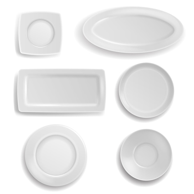 Vector white plates set clean realistic ceramic porcelain tableware different forms top view collection kitchen round and square dish and bowl serving close up vector 3d isolated illustration