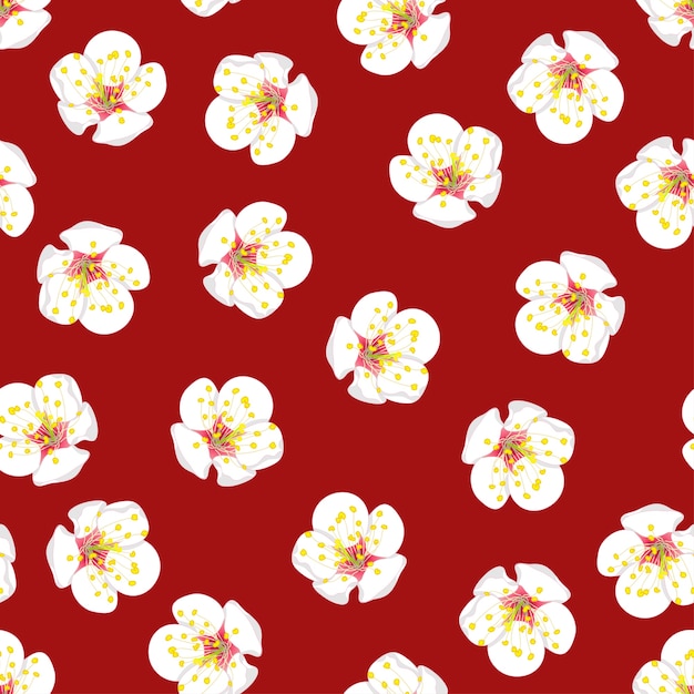 White plum blossom flower seamless on red background.