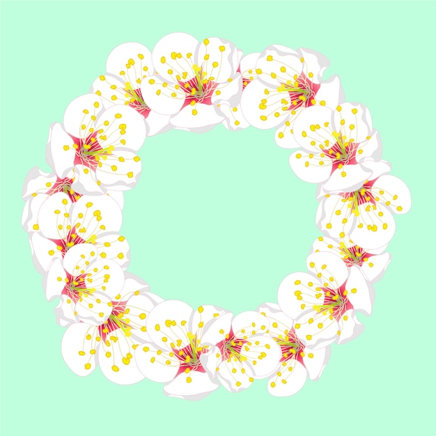 White plum blossom flower wreath on green mint