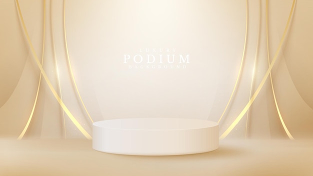 白い表彰台のディスプレイ製品と輝く金色の曲線要素、リアルな3D高級スタイルの背景、販売とマーケティングを促進するためのベクトルイラスト。