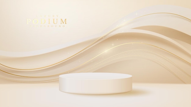 白い表彰台のディスプレイ製品と輝く金色のラインシーン、リアルな3Dラグジュアリースタイルの背景、販売とマーケティングを促進するためのベクトルイラスト。