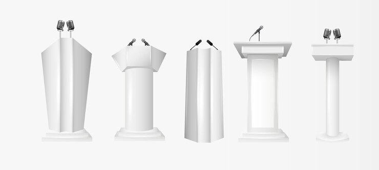 Vector white podium tribune rostrum stands with microphones podium tribune with microphones isolated for business presentation conference vector illustration