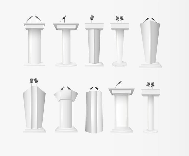 Vector white podium tribune rostrum stands with microphones podium tribune with microphones isolated for business presentation conference vector illustration