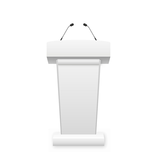 White podium tribune with microphones realistic white 3d political rostrum for conference isolated