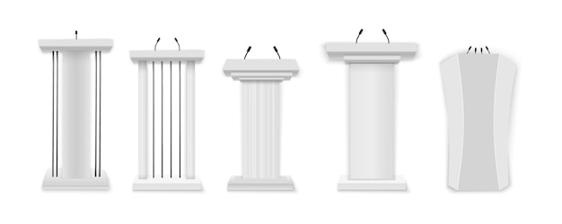 White podium, tribune with microphones.