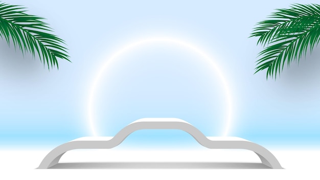 Podio bianco con foglie di palma piedistallo prodotti piattaforma di visualizzazione 3d render stage