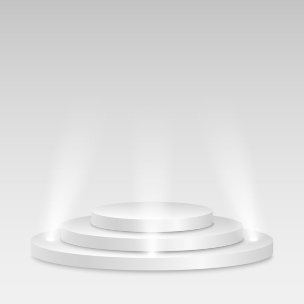 Vector white podium with spotlights. bright white light from searchlights.