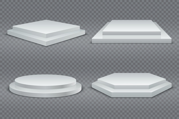 Vector white podiums. round and square 3d empty podium with steps. showroom pedestals, floor stage platform