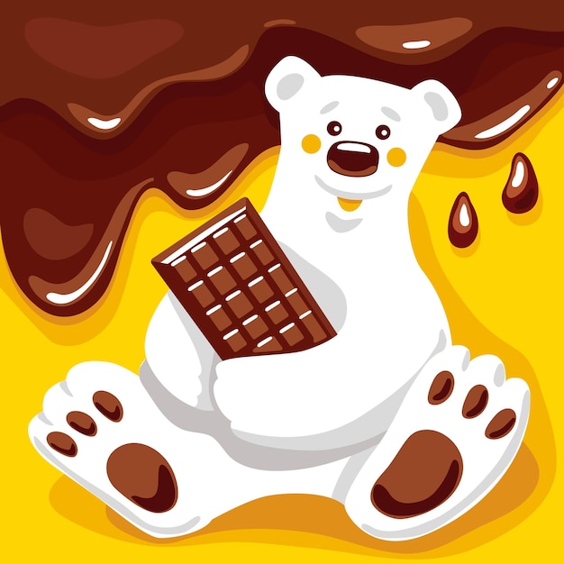 The white polar bear is sitting with a chocolate bar and chocolate splashes on the yellow background