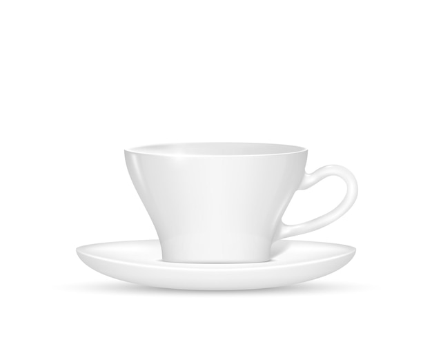 Vettore tazza in porcellana bianca per tè o caffè nero su piattino isolato stoviglie realistiche per tazze