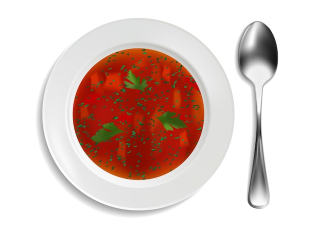 白い背景に赤いスープとパセリと白い磁器プレート。リアルなスタイル。ベクトルイラスト。