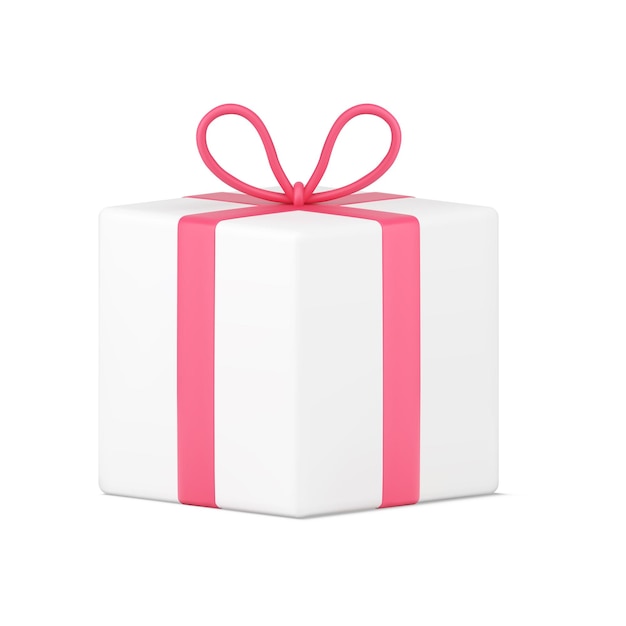 흰색 선물 상자 3d 아이콘 핑크 리본과 활이 있는 체적 패키지