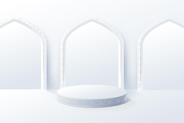 L'esposizione del prodotto bianco simula con la porta della moschea interna islamica. podio 3d.