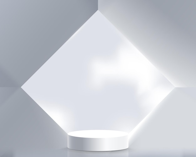 Vector white product display with geometric abstract architecture interior. 3d podium.