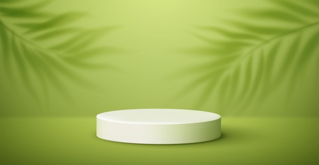 White product podium and tropical palm leaves shadow on green background