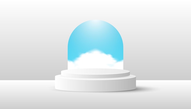 Белый подиум продукта с облаком на голубом небе. подходит для веб-баннеров, диаграмм, инфографики, книжной иллюстрации, социальных сетей и других графических материалов.