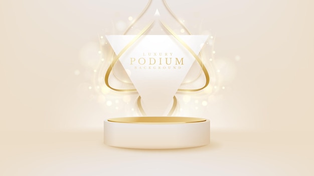 White product show podium with gold line and sparkling glittering light effects elements.