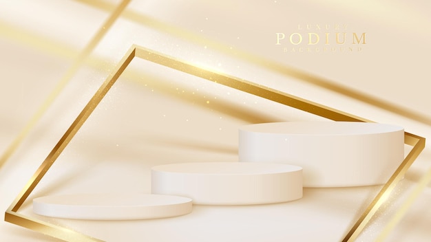 White product show podium with golden diagonal line and sparkling glittering light effects elements