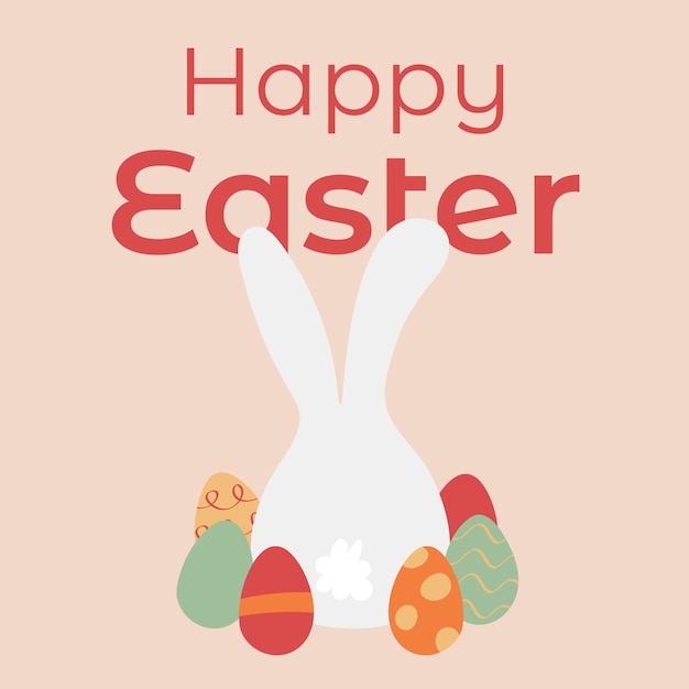 White rabbit around Easter eggs Illustration Congratulations Happy Easter The hare sits on its back