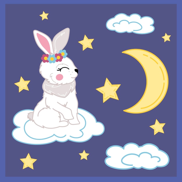 Coniglio bianco su una nuvola contro un cielo blu con un mese