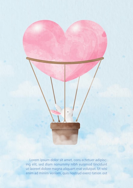 White rabbit flying on sky with heart shape hot air balloon in watercolors style and example texts on blue paper pattern background Valentine greeting card in vector design