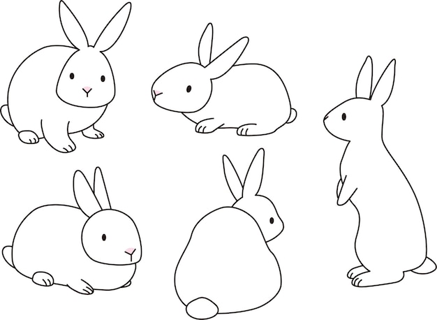 A white rabbit takes five different poses