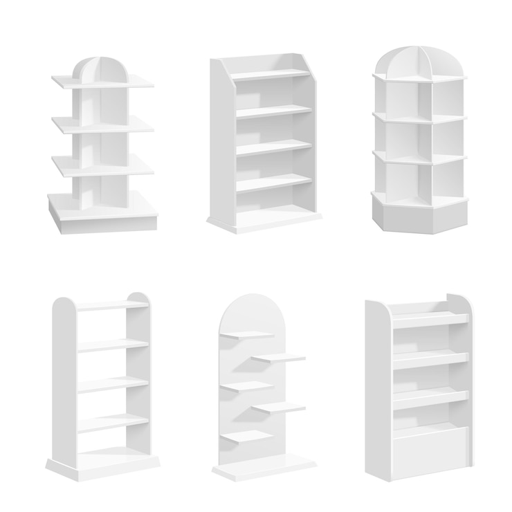 Vector white racks empty shop displays supermarket modern 3d equipment realistic bookstore shelf isolated recent trade retail stand vector set empty shelf market supermarket equipment illustration