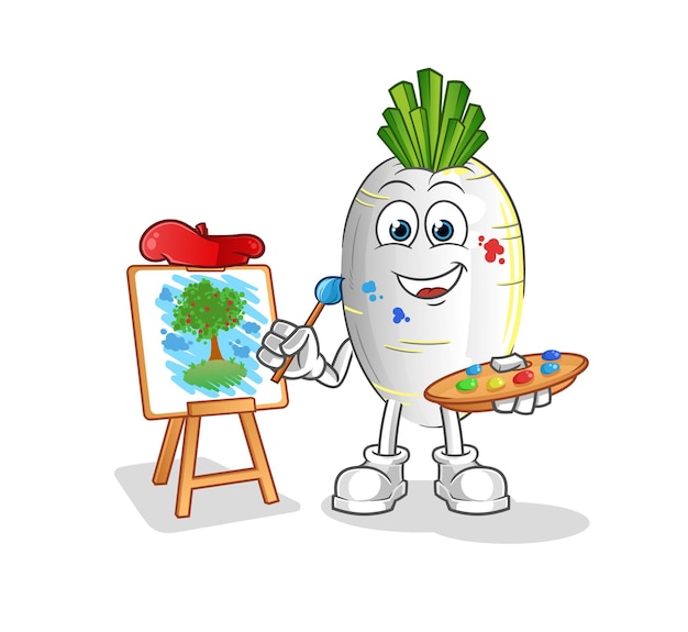 White radish artist mascot cartoon vector