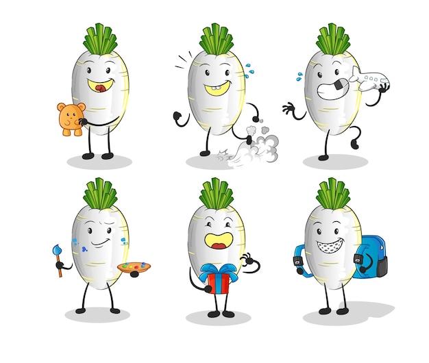 White radish children group character cartoon mascot vector