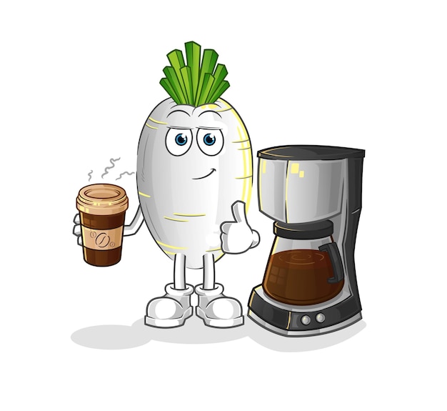 White radish drinking coffee illustration. character vector