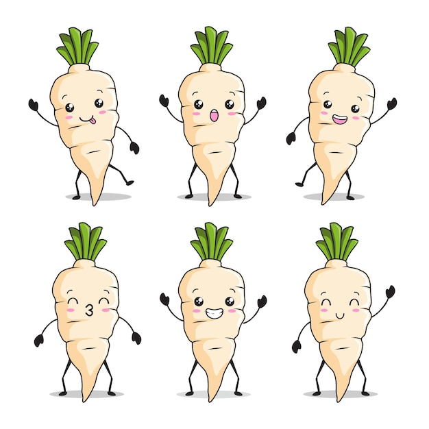 White radish kawaii cartoon set daikon