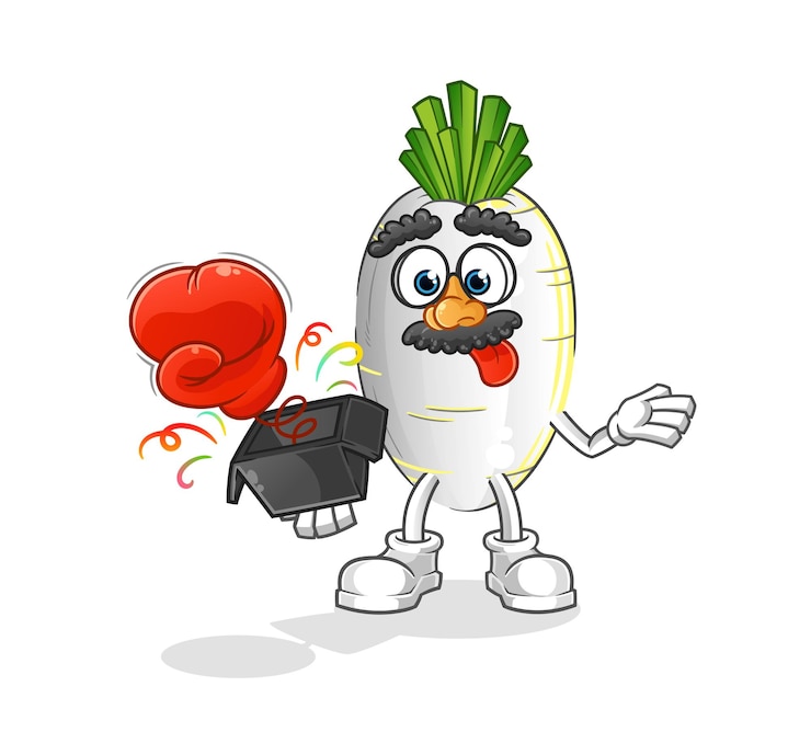 Vector white radish prank glove in the box cartoon mascot