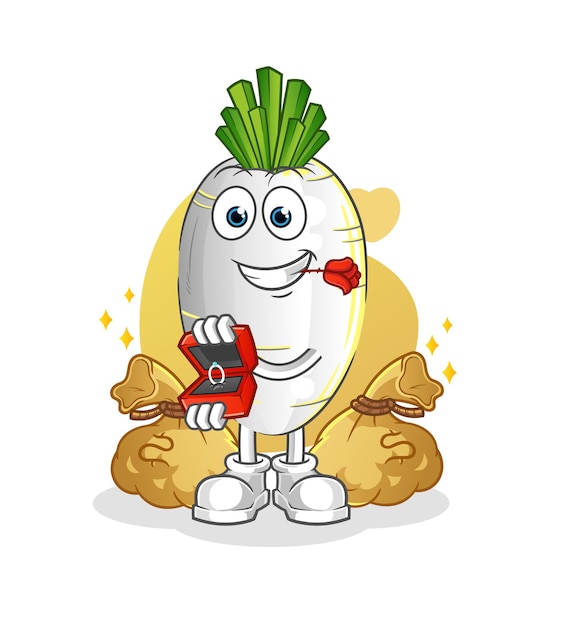 White radish propose with ring. cartoon mascot vector