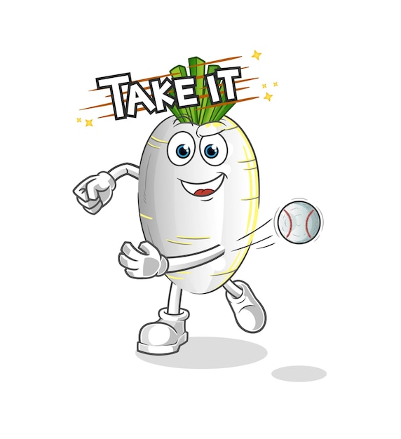 White radish throwing baseball vector cartoon character