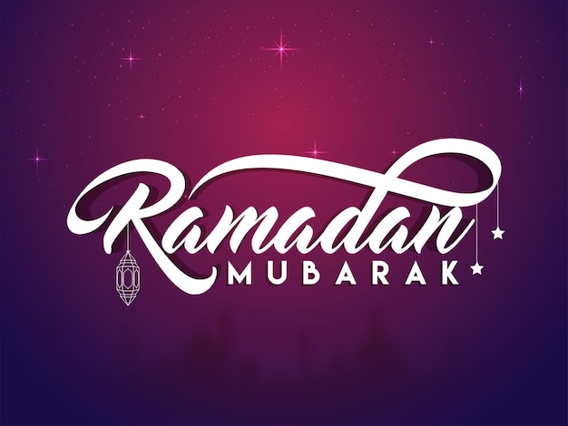 White ramadan mubarak font with hanging lantern stars on gradient blue and pink light effect blur mosque background