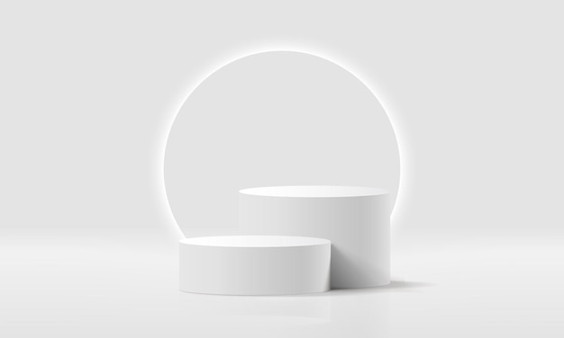 Vector white realistic 3d cylinder pedestal podium with circle rounded neon light backdrop abstract vector rendering geometric product display presentation minimal scene social media post background