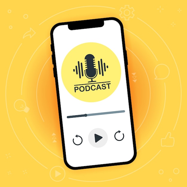 Vettore smartphone 3d realistico bianco concetto di podcast audioblog modello infografico per app mobile con pulsanti e cursori dell'interfaccia utente