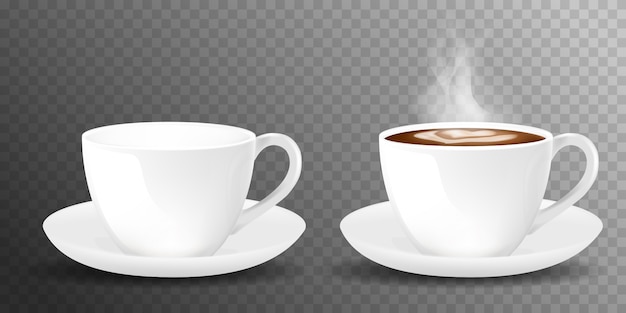 Vector white realistic coffee cup with smoke on a transparent background. cup of coffee and saucer, realistic