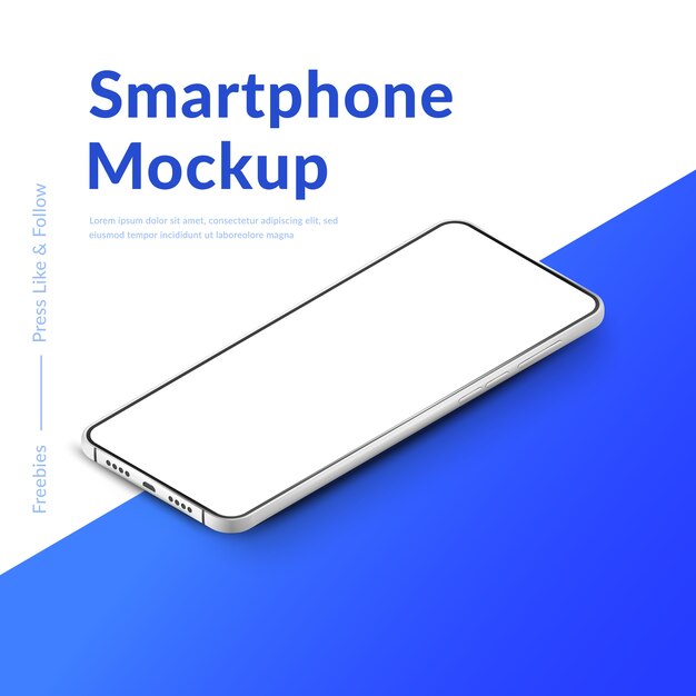white  realistic isometric smartphone mockup.  mobile phone with blank white screen. modern cell phone template on gradient background. illustration of device screen